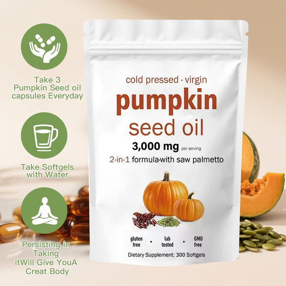 Pumpkin Seed Oil Capsules with Saw Palmetto, 300 Softgels