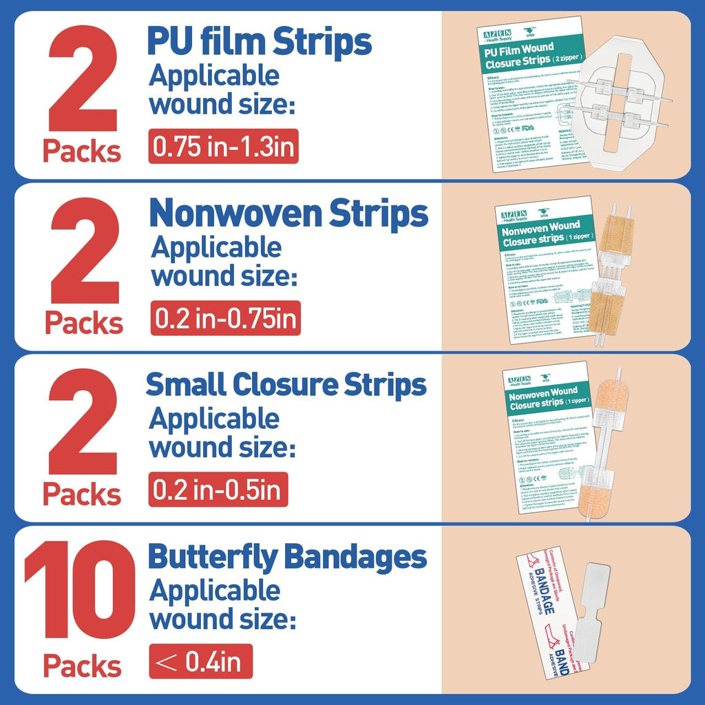 AZEN 16 Pack Wound Closure Strips, 4 Types Butterfly Bandages, Emergency Laceration Closure Kit, Repair Wounds Without Stitches, Quick Clot Zip Stitch Wound Closures Device