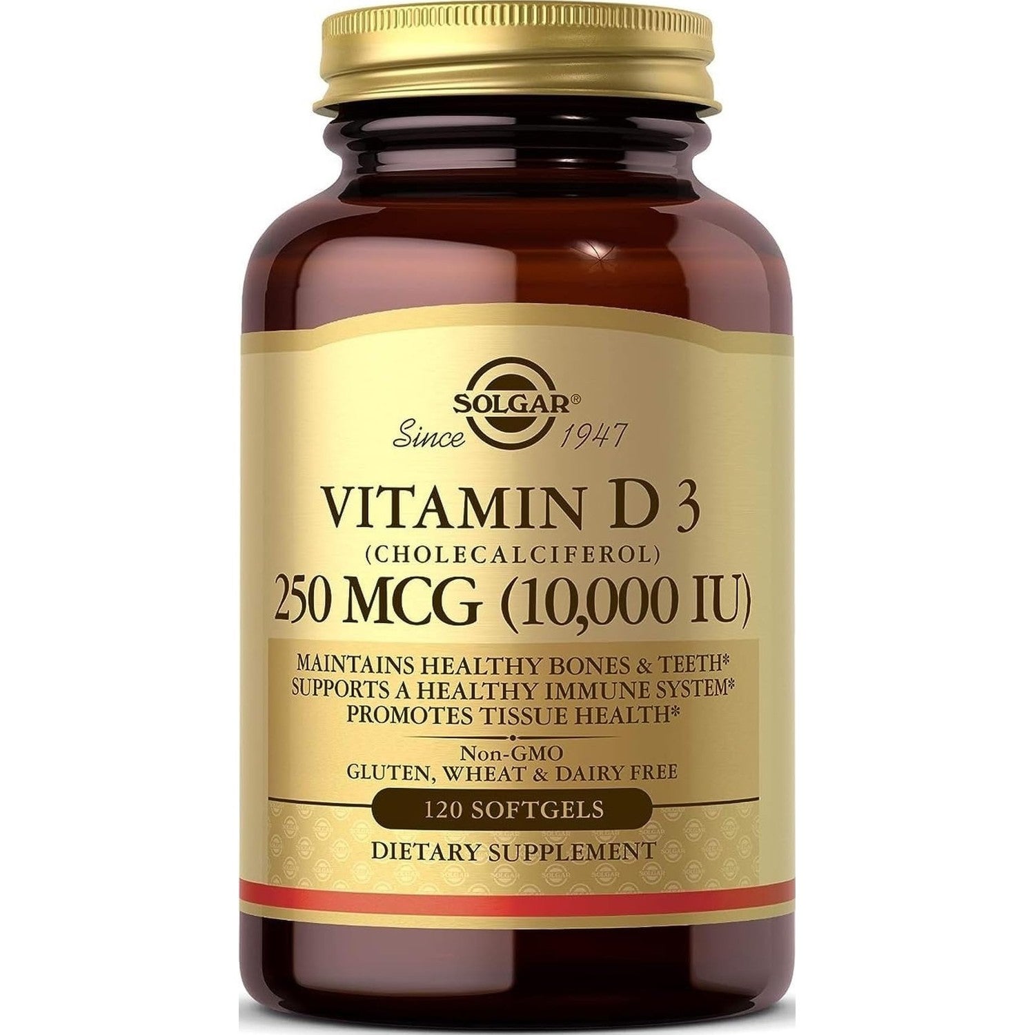Solgar Vitamin D3 (Cholecalciferol) 250 MCG (10,000 IU), 120 Softgels - Helps Maintain Healthy Bones & Teeth - Immune System Support - Non GMO, Gluten/ Dairy Free - 120 Servings
