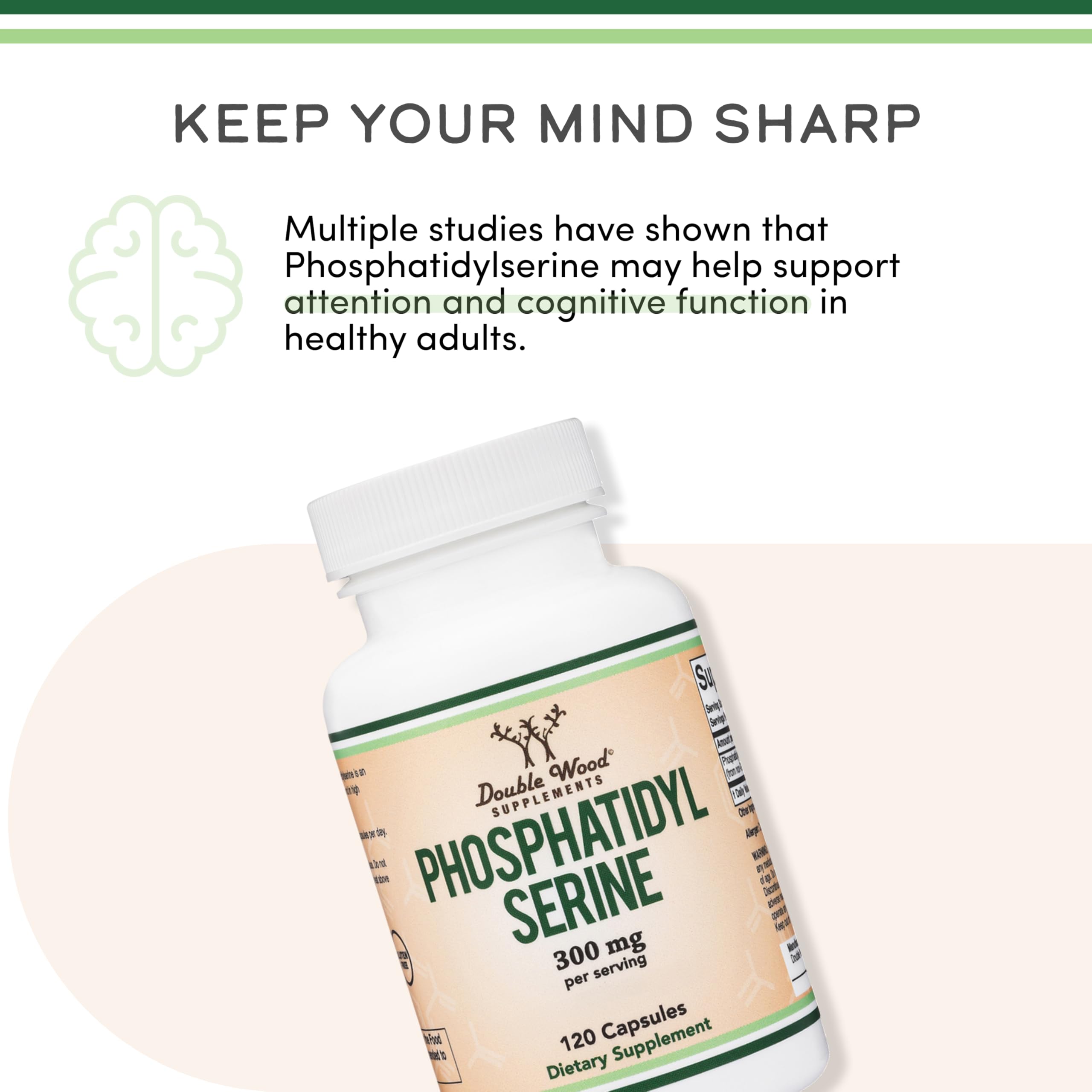 Phosphatidylserine 300mg, Memory, Focus + Cortisol Support, 120 Capsules | Memory, Focus + Cortisol Supplement, NSF Certified, Calm, Restful Sleep Taken PM, 2 Small Caps, Builds Over 1-4 Weeks