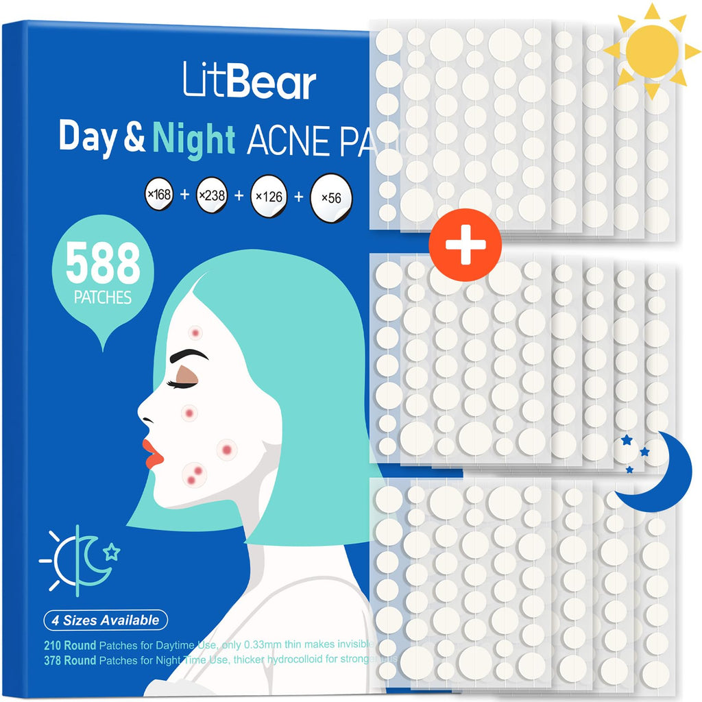 LitBear Acne Pimple Patches- Day and Night 4 Sizes 180 Dots Thin & Thick Hydrocolloid Patches with Witch Hazel, Tea Tree & Calendula Oil, Pimple Stickers for Covering Zits, Blemishes, Spots, Acne Dots