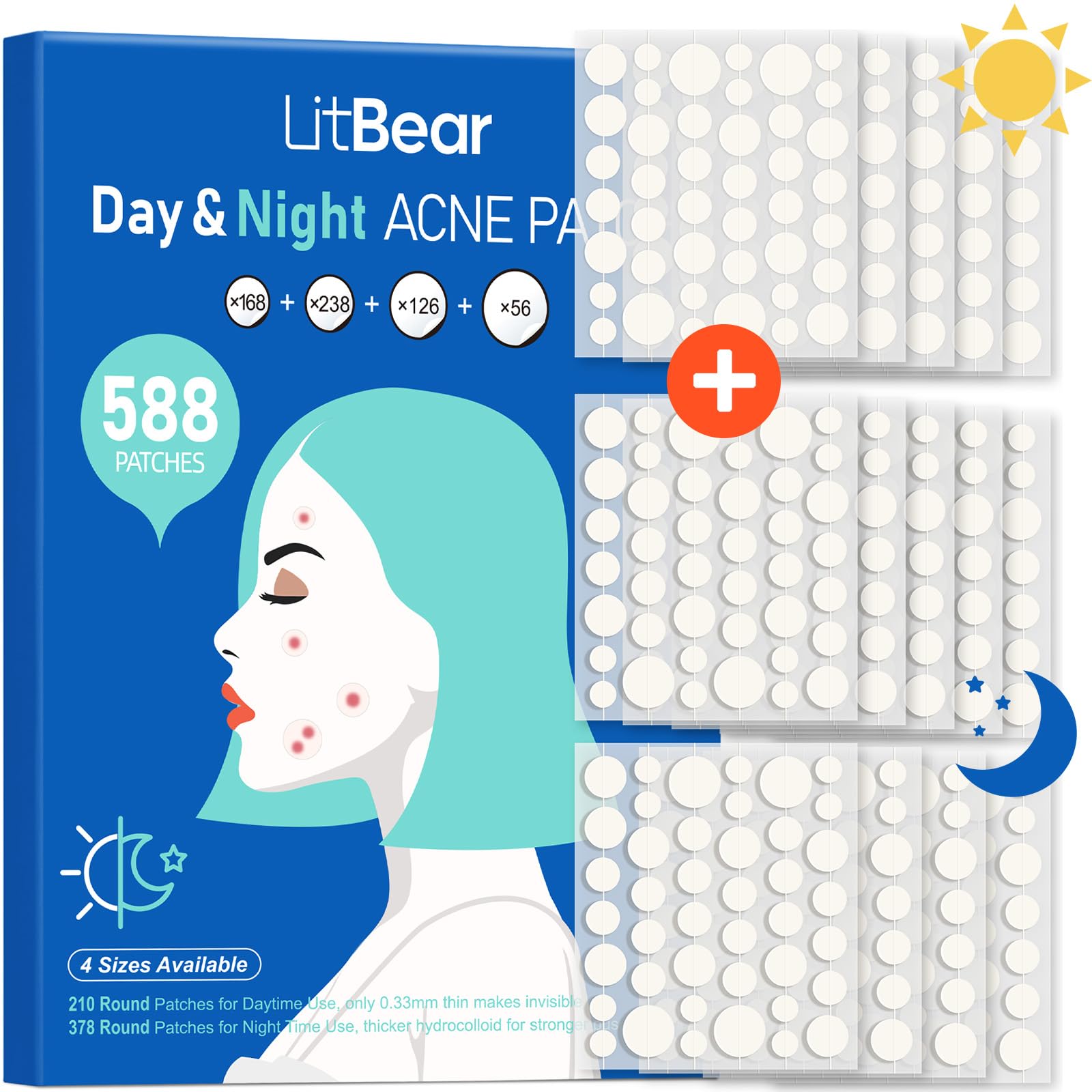 LitBear Acne Pimple Patches- Day and Night 4 Sizes 180 Dots Thin & Thick Hydrocolloid Patches with Witch Hazel, Tea Tree & Calendula Oil, Pimple Stickers for Covering Zits, Blemishes, Spots, Acne Dots