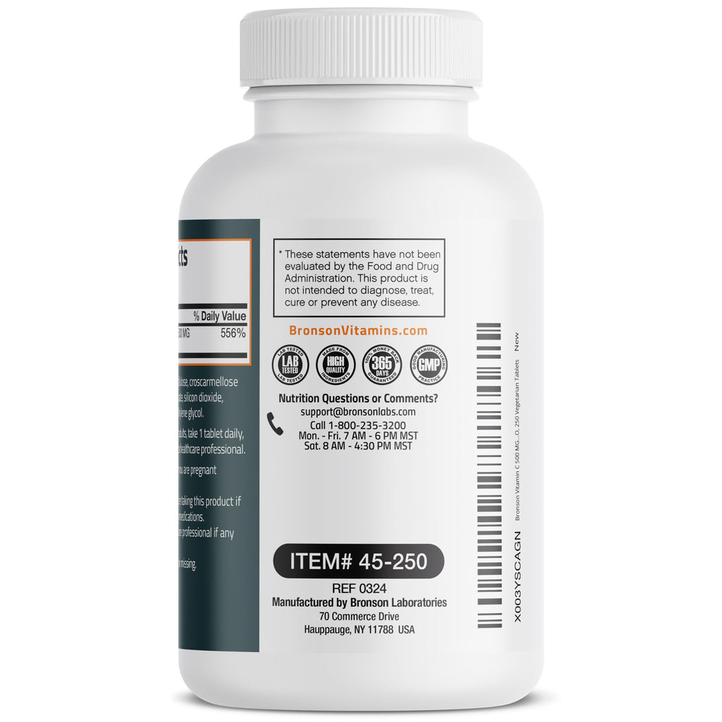 Bronson Vitamin C 500 mg Immune & Antioxidant Support, Non-GMO, 250 Tablets | Daily Vitamin C Replenishment, Vegetarian Formula, Gluten-Free & Soy-Free