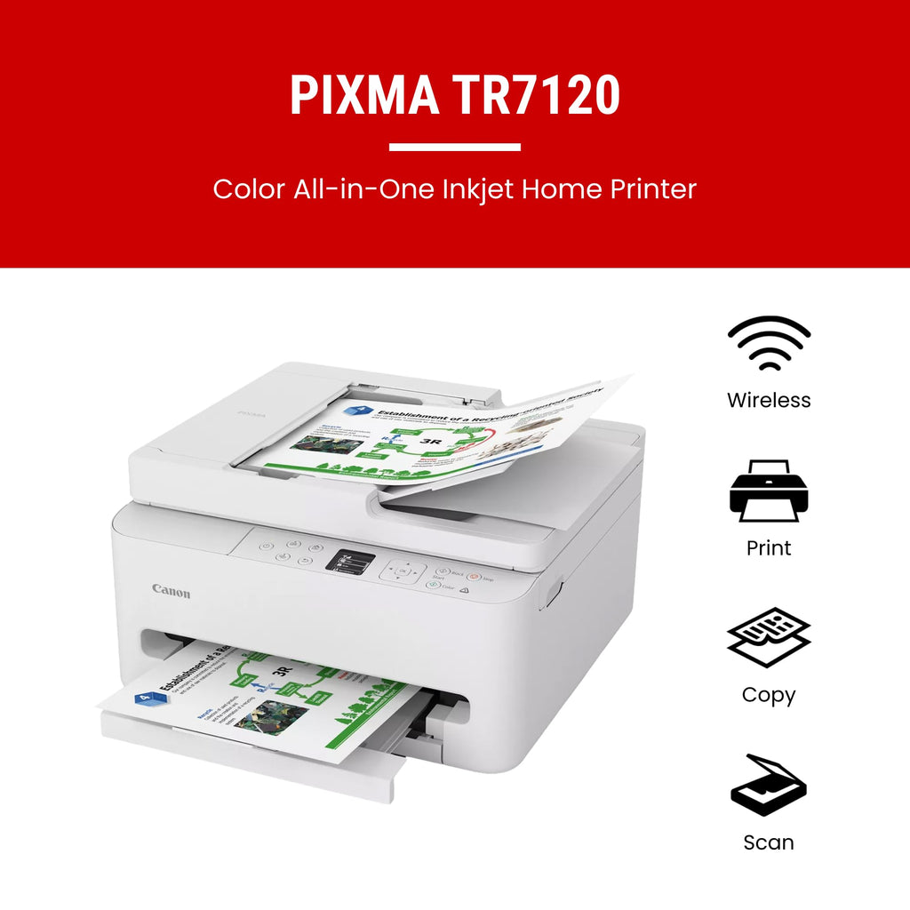 Canon PIXMA TR7120 Wireless Color Inkjet Printer, Duplex Printing, White – Home Printer with Copier/Scanner, Auto Document Feeder, Compact Design, Intuitive Control Panel