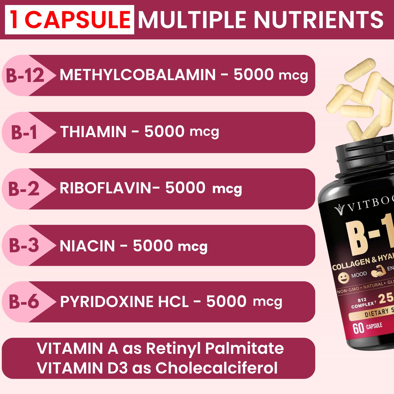 Vitamin B12 with Hyaluronic Acid and Collagen - 25000 mcg B12 Complex, 60Ct | Maximize Absorption & Energy - Folate, B1, B2, B3, B6, B7, B12 Vitamins 5000 mcg Methylcobalamin - Gluten Free