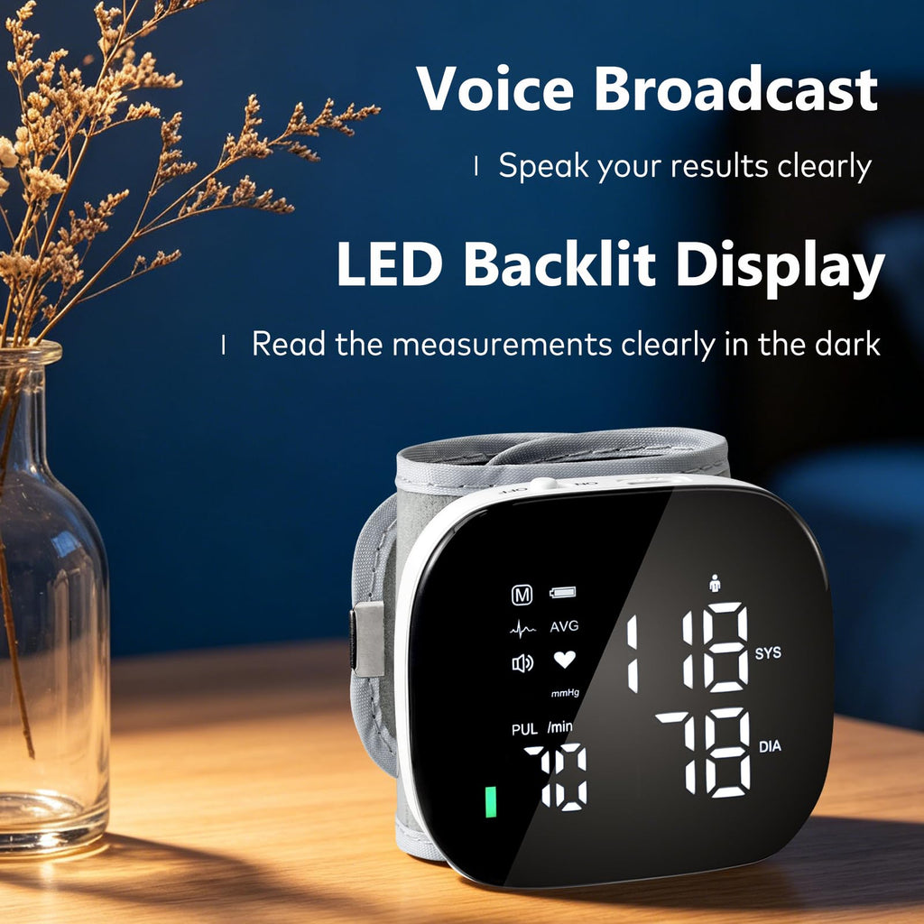 iHome Wrist Blood Pressure Monitor Rechargeable Digital Voice Broadcast LED Backlit BP Machine 199 Memory Storage for 2 Users with Carrying Case for Home Use