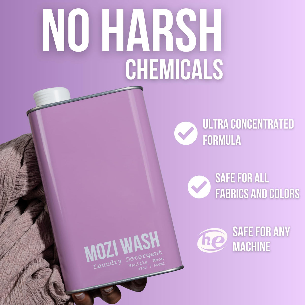 Mozi Wash Laundry Detergent Liquid, Vanilla Moon, 50+ Loads, Concentrated, Plant Based, Cruelty & Dye Free, Phosphate & Paraben Free, Earth Friendly, Long Lasting Fresh Scent, 32 oz Recyclable Bottle