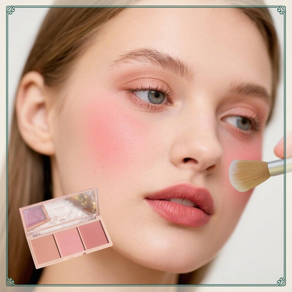 3-in-1 Matte Powder Blush Palette with Pro Brush – Versatile Face Makeup Contour Kit for All Skin Tones – Long-Lasting, Blendable Cheek Color Trio – Travel Size for Natural Beauty