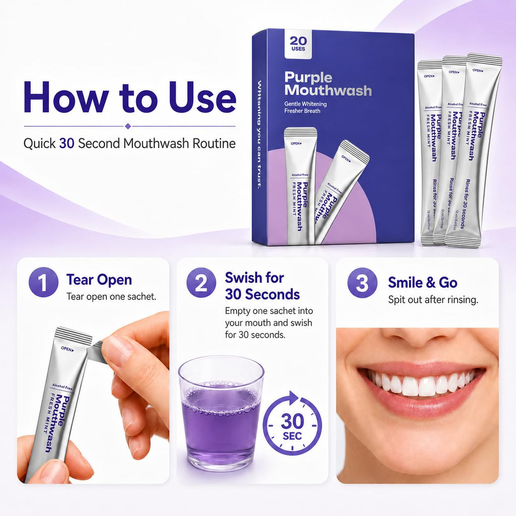Purple Color Correcting Mouthwash Sachets, 20 Count Instant Optical Whitening Oral Rinse, Alcohol & Peroxide Free Mint Mouthwash for Fresh Breath & Smile Brightening Daily Oral Care