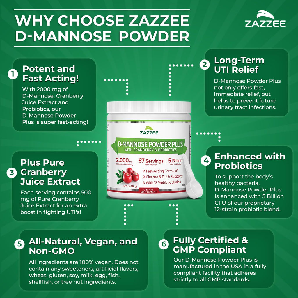 Zazzee D-Mannose Powder Plus, 2000 mg, 67 Servings, Free Scoop, Made in USA | Plus 5 Billion CFU Probiotics and Pure Cranberry Juice Extract, Kosher, 6.67 oz, Urinary Tract & Bladder Support, Non-GMO