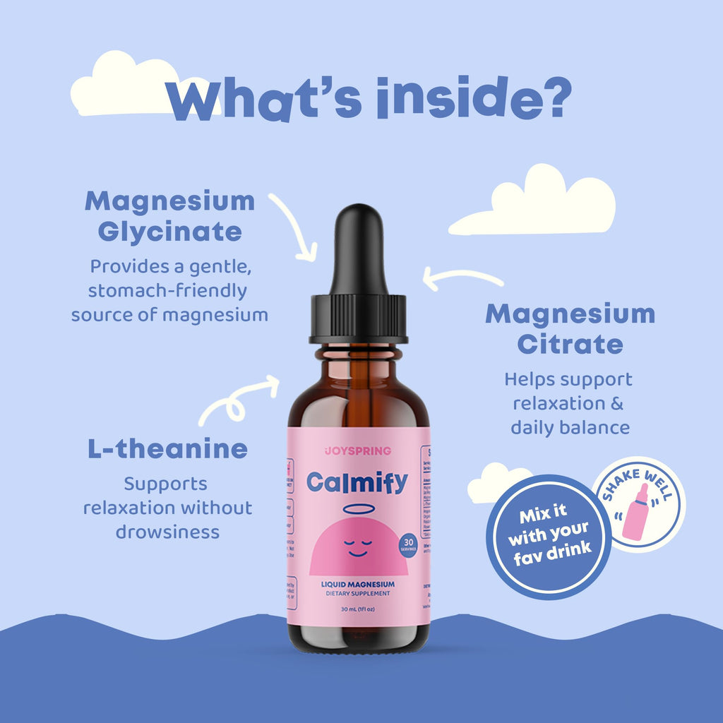 JoySpring Calmify Kids Magnesium Glycinate Drops, 30 Servings, 3+ | With L-theanine, chamomile and passion flower, supports non-drowsy calm and relaxation, sugar-free liquid, gentle daily use