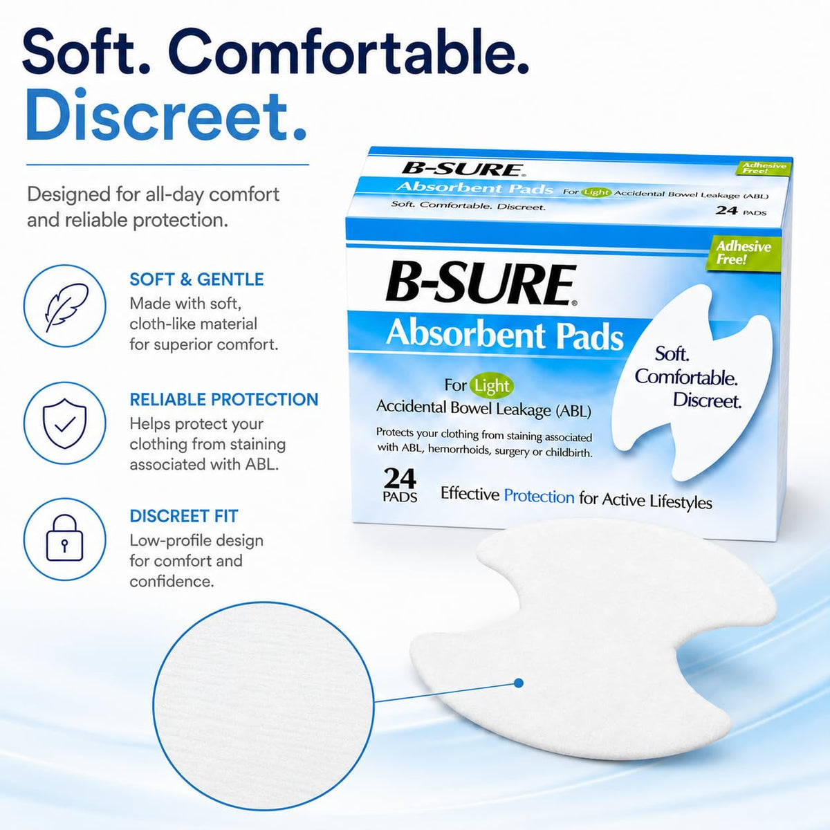 Birchwood Laboratories B-Sure Absorbent Pads for Light Accidental Bowel Leakage Box/24 Pads