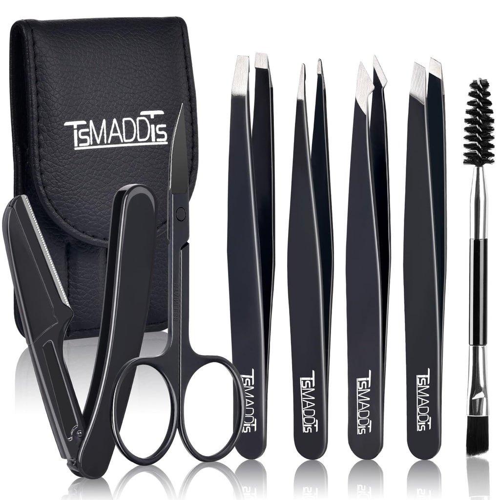 TsMADDTs 7 pcs Tweezers Set for Women Facial Hair, Precision Tweezer for Eyebrows with Curved Scissor and Eyebrow Razor for Ingrown Hair, Pink&Yellow