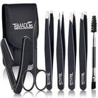 TsMADDTs 7 pcs Tweezers Set for Women Facial Hair, Precision Tweezer for Eyebrows with Curved Scissor and Eyebrow Razor for Ingrown Hair, Pink&Yellow