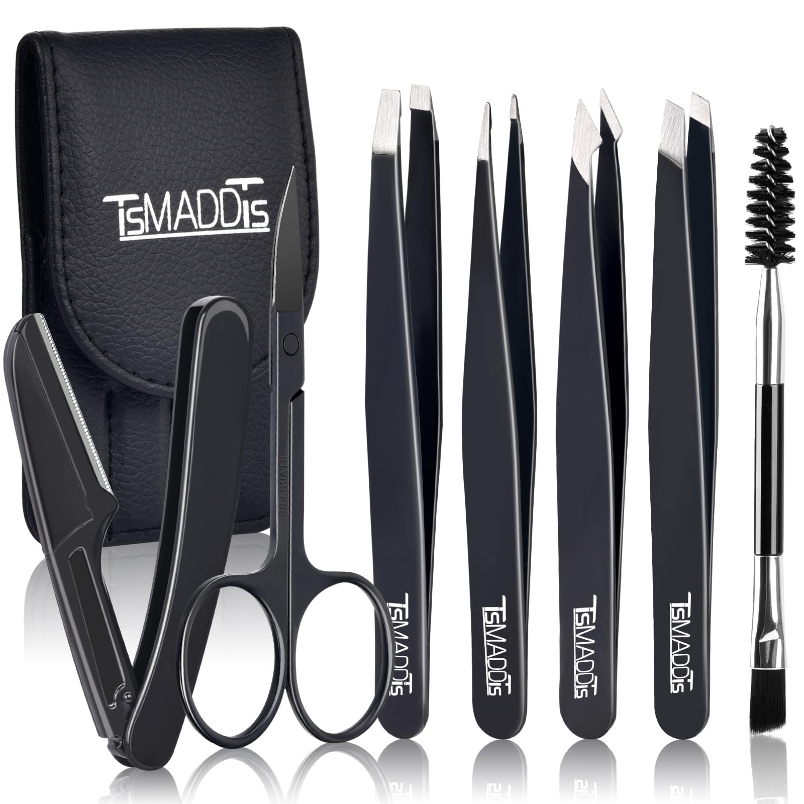 TsMADDTs 7 pcs Tweezers Set for Women Facial Hair, Precision Tweezer for Eyebrows with Curved Scissor and Eyebrow Razor for Ingrown Hair, Pink&Yellow