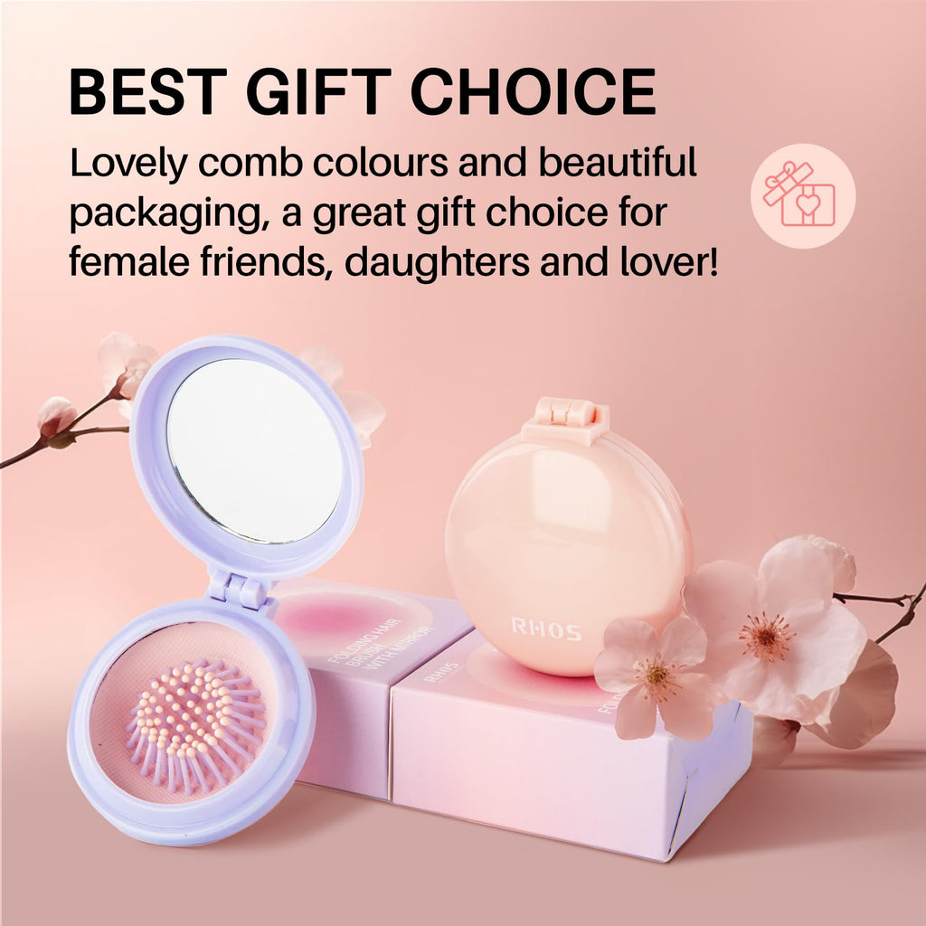 RHOS folding brush with mirror, featuring lovely colors and elegant packaging, perfect gift for women.