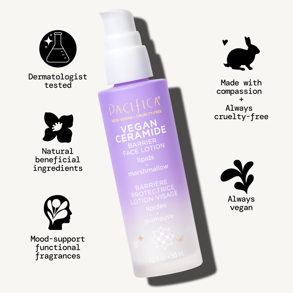 Pacifica Vegan Ceramide Barrier Repair Face Lotion, Hydrating, Lightweight Moisturizer, For Dry Skin, Dermatologist Tested, Safe for Sensitive Skin, Fragrance Free, 100% Vegan + Cruelty Free