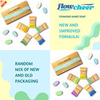 Flowcheer Foaming Hand Soap refill packs showcase a colorful mix of new and old packaging, highlighting a fresh formula.