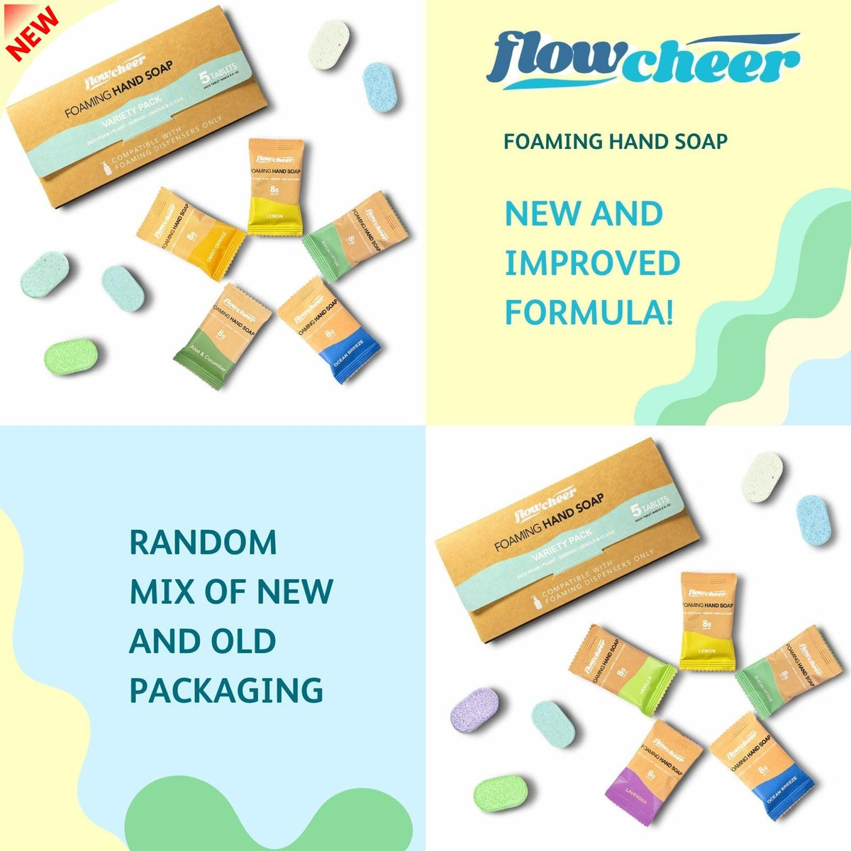 Flowcheer Foaming Hand Soap refill packs showcase a colorful mix of new and old packaging, highlighting a fresh formula.