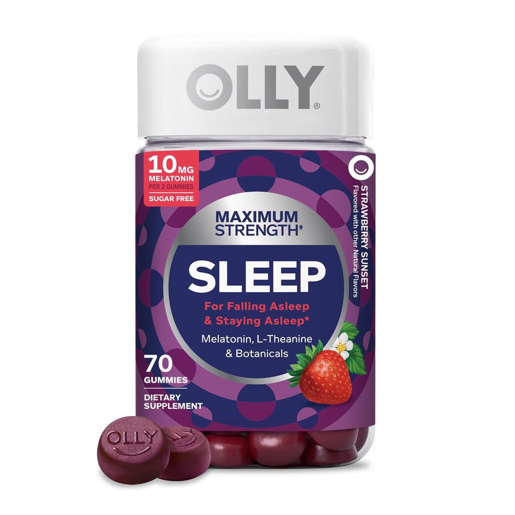 OLLY Max Strength Sleep Gummy, 10mg Melatonin, L-Theanine, Chamomile, Lemon Balm, Sugar Free, Vegetarian Sleep Aid, Strawberry - 70 Count