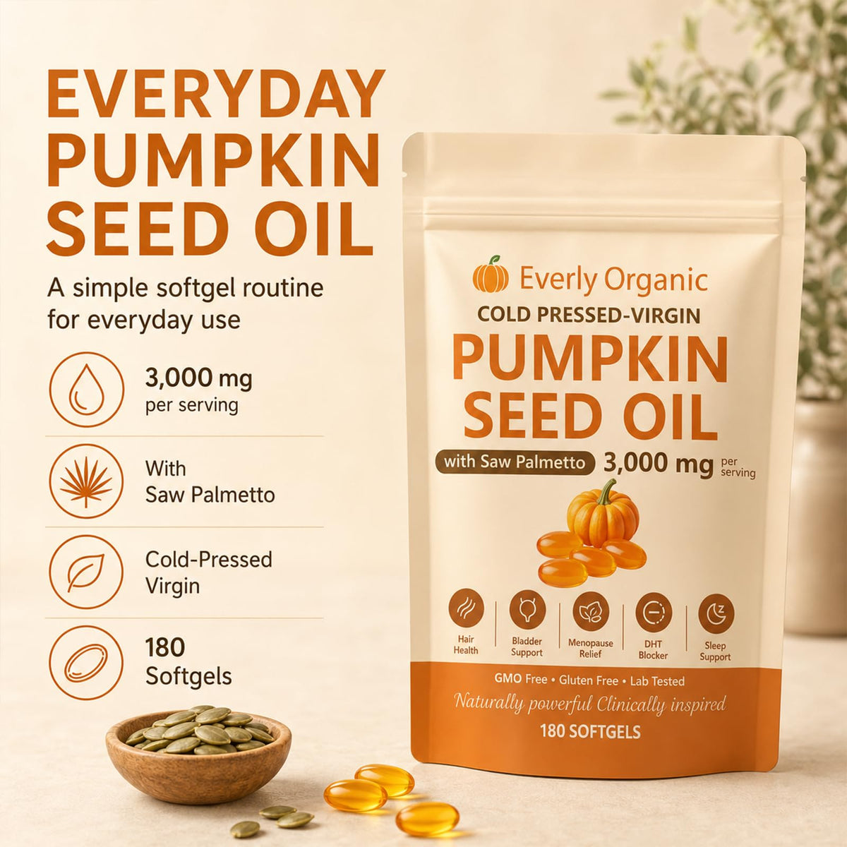 Everly Pumpkin Seed Oil,Upgraded Cold-Pressed Virgin,Non-GMO,180 Softgels