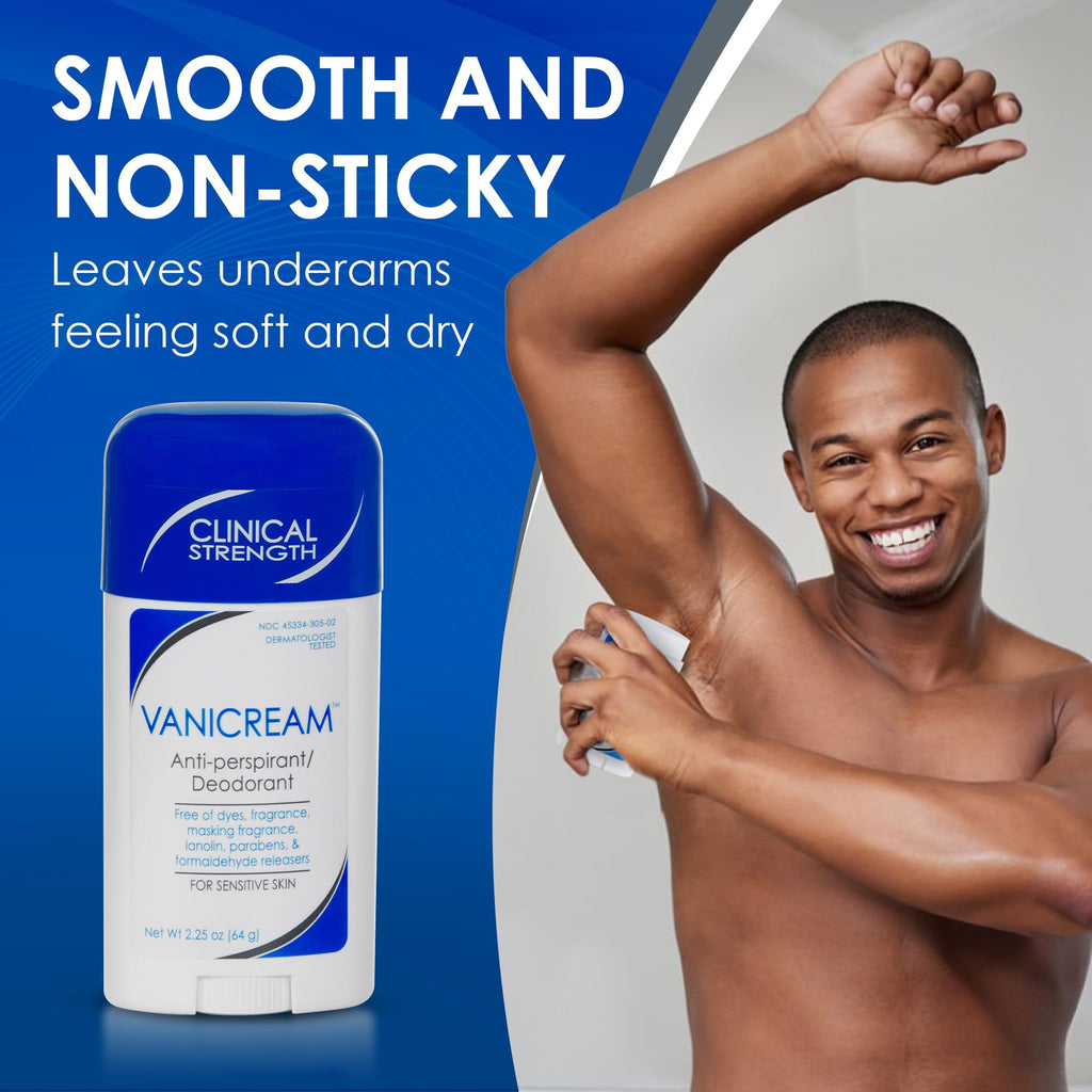 Vanicream Antiperspirant Deodorant Stick, 2.25 Oz, Formulated without Common Irritants for Sensitive Skin, Clinical Strength with 24-Hour Protection, Reduces Underarm Wetness, Unscented