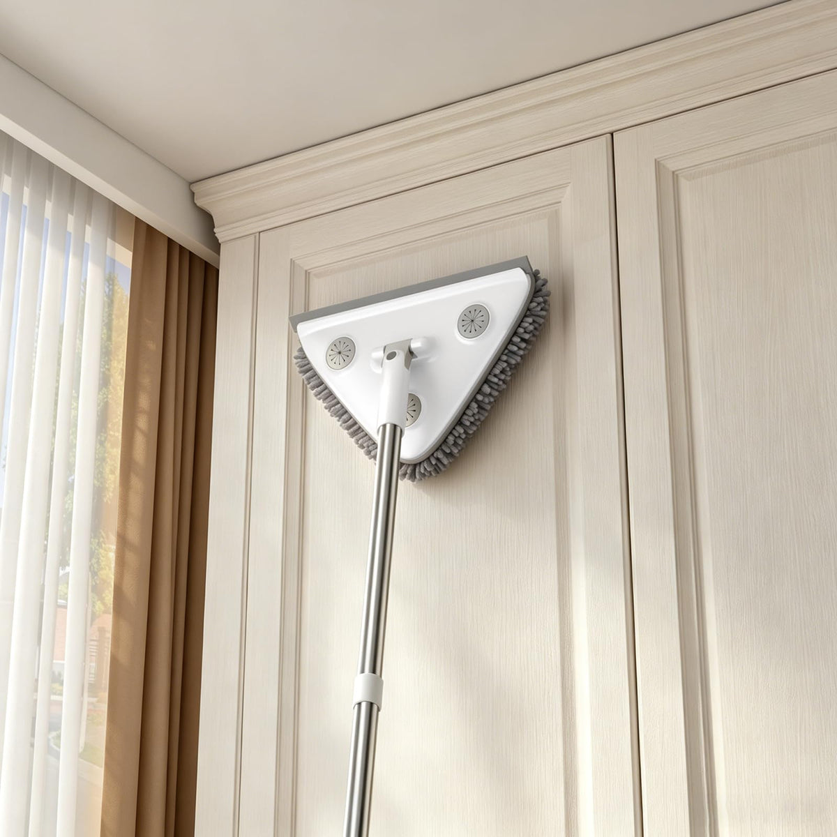 Wall Cleaner Mop with Long Handle, Baseboard Cleaner Tool with Extension Pole & Squeegee, 3-in-1 Ceiling Cleaning Tool Duster with 3 Microfiber and 3 Chenille Pads for Washing Window, Floor, Cabinet