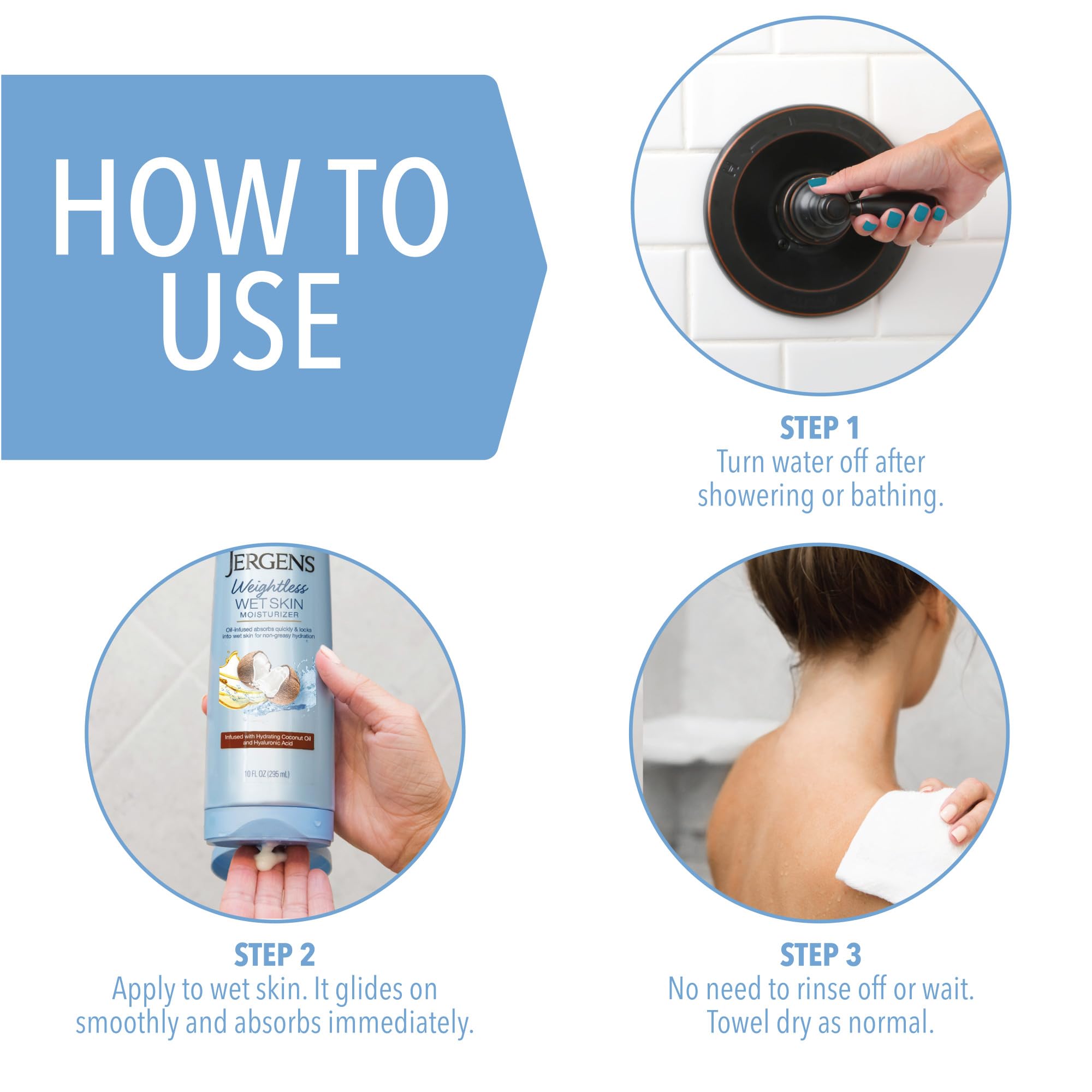 Jergens Wet Skin Body Moisturizer with Coconut Oil, In Shower Lotion for Dry Skin, Fast-Absorbing, Non-Sticky, Dermatologist Tested, 10 Oz, Pack of 3 | Coconut Oil, Hyaluronic Acid, Fast Absorption, Non-Sticky Formula, Dermatologist Tested