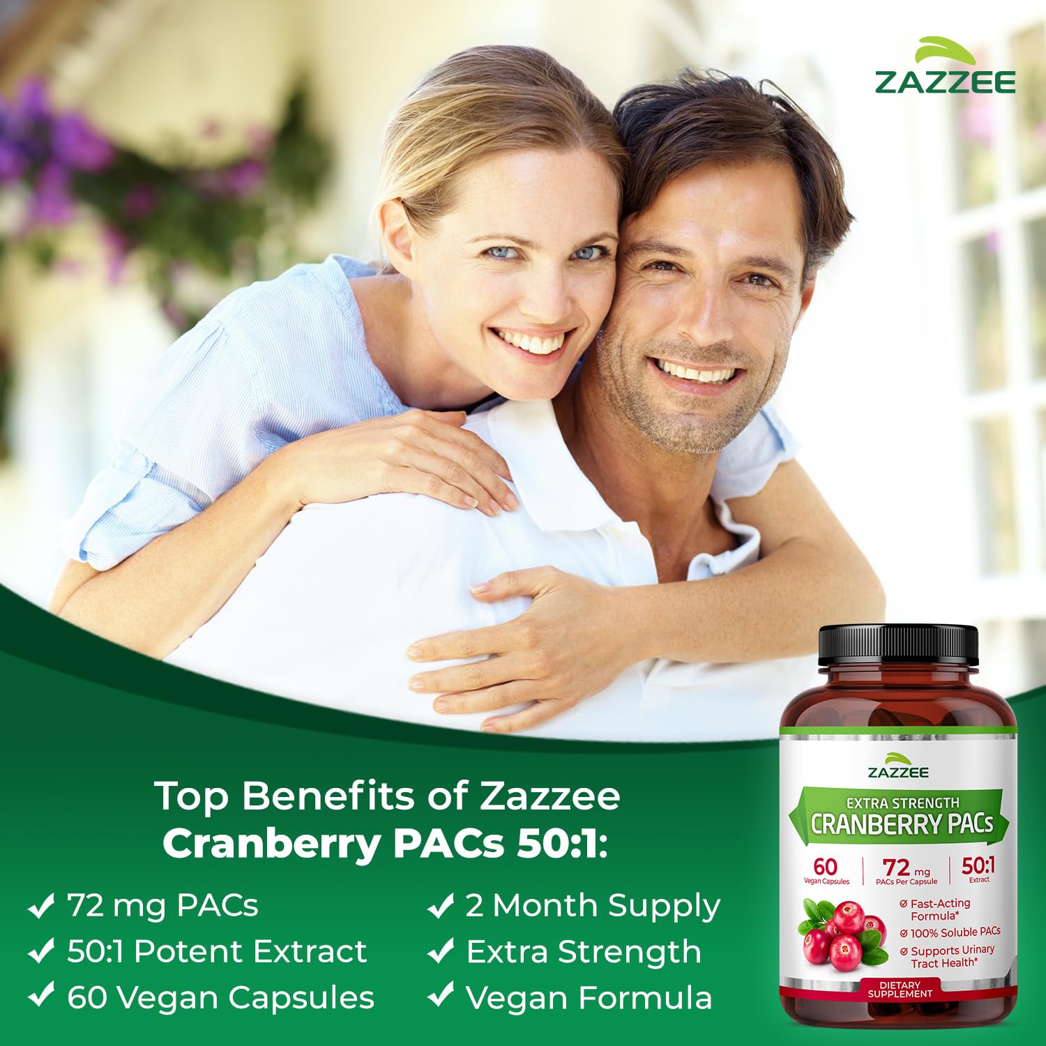 Zazzee Cranberry PACs 72 mg per Capsule, 50:1 Extract, 60 Vegan Capsules | 2X Strength, 2 Month Supply, Fast-Acting, Effective Urinary Tract & Bladder Support, 100% Soluble PACs, Made in the USA