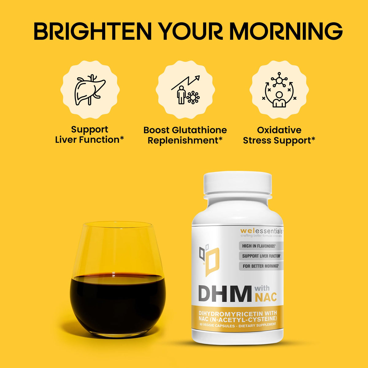 WELESSENTIALS DHM with NAC - 650mg x 60 Capsules - 300mg N-Acetyl-Cysteine, 350mg Dihydromyricetin - Max Strength Dietary Supplement for Liver Support, Hydration