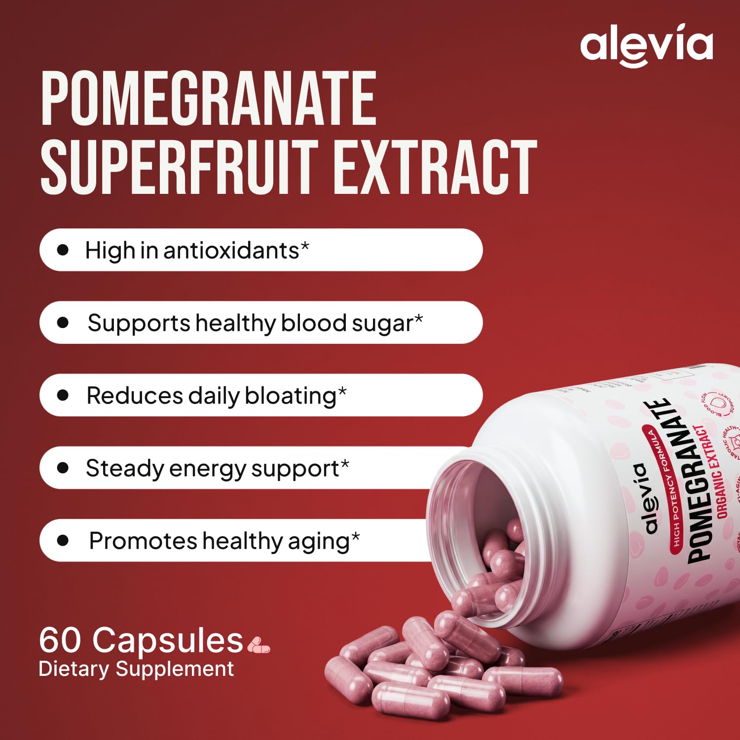 Alevia Organic Pomegranate Capsules 700mg – Pomegranate Fruit Extract Supplement – Organic Pomegranate Extract for Antioxidant, Heart & Energy Support – Ancient Wellness Formula – 60 Capsules