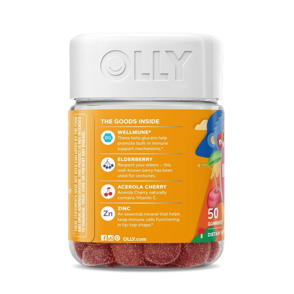 OLLY Kids Immunity Gummy, Immune Support, Wellmune, Elderberry, Vitamin C, Zinc, Chewable Supplement, Cherry - 50 Count