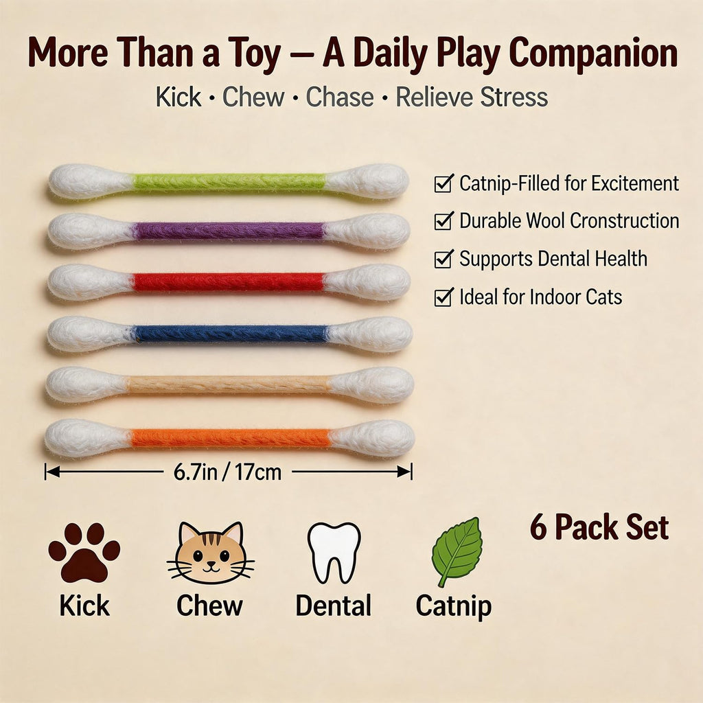 6Pack Cotton Swabs Cat Toys with Catnip, Giant Qtip Chew Sticks & Teething Ropes for Boredom Relief, Durable Interactive Felt Kitty Kicker Toy for Exercise.