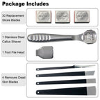 36 Pcs Callus Shaver for Feet Set, (1Stainless Foot File &1 Foot File Heads & 30 Replacement Slices Blades & 4 Pedicure Knife), Professional Callus Remover for Feet Tools for Wet and Dry Feet