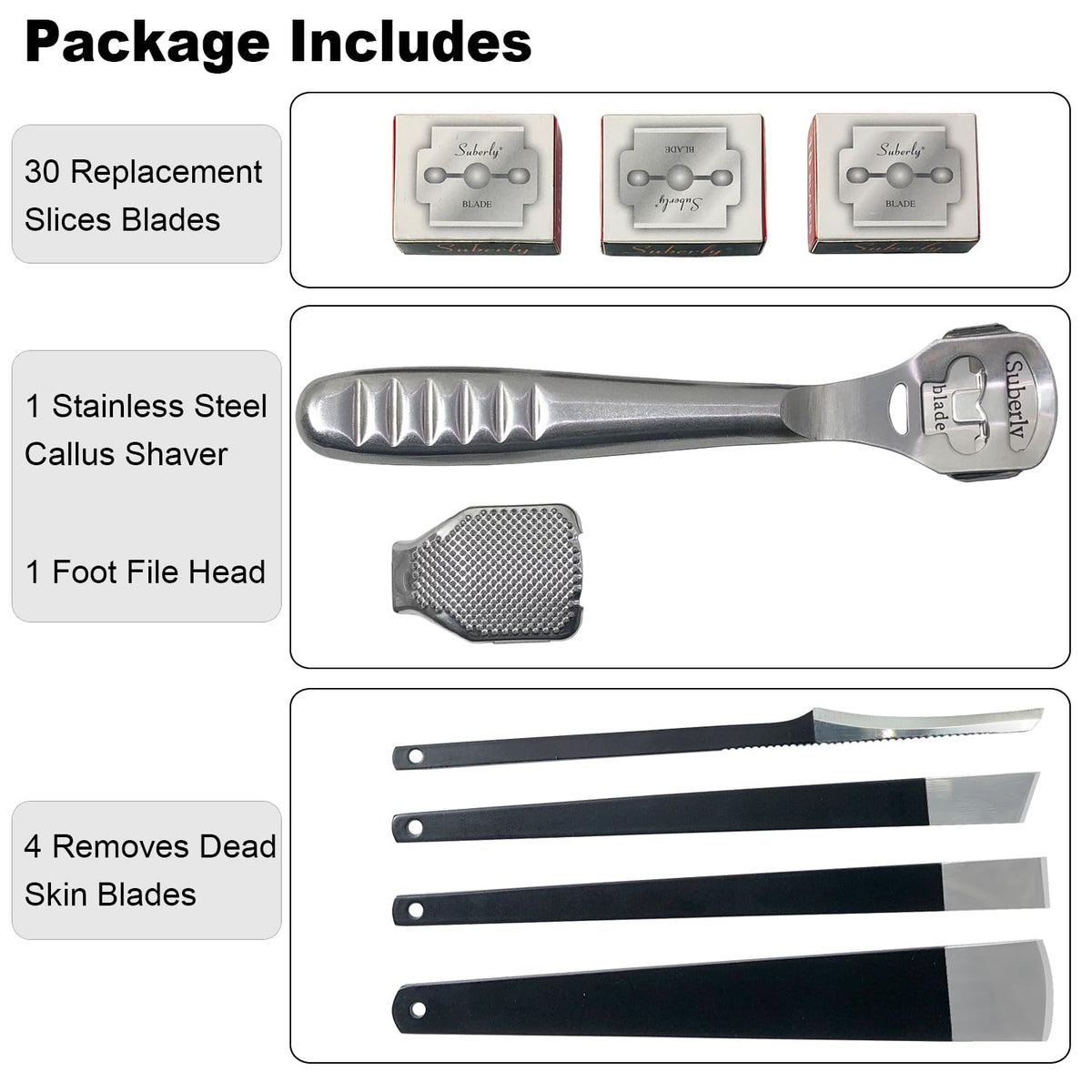 36 Pcs Callus Shaver for Feet Set, (1Stainless Foot File &1 Foot File Heads & 30 Replacement Slices Blades & 4 Pedicure Knife), Professional Callus Remover for Feet Tools for Wet and Dry Feet