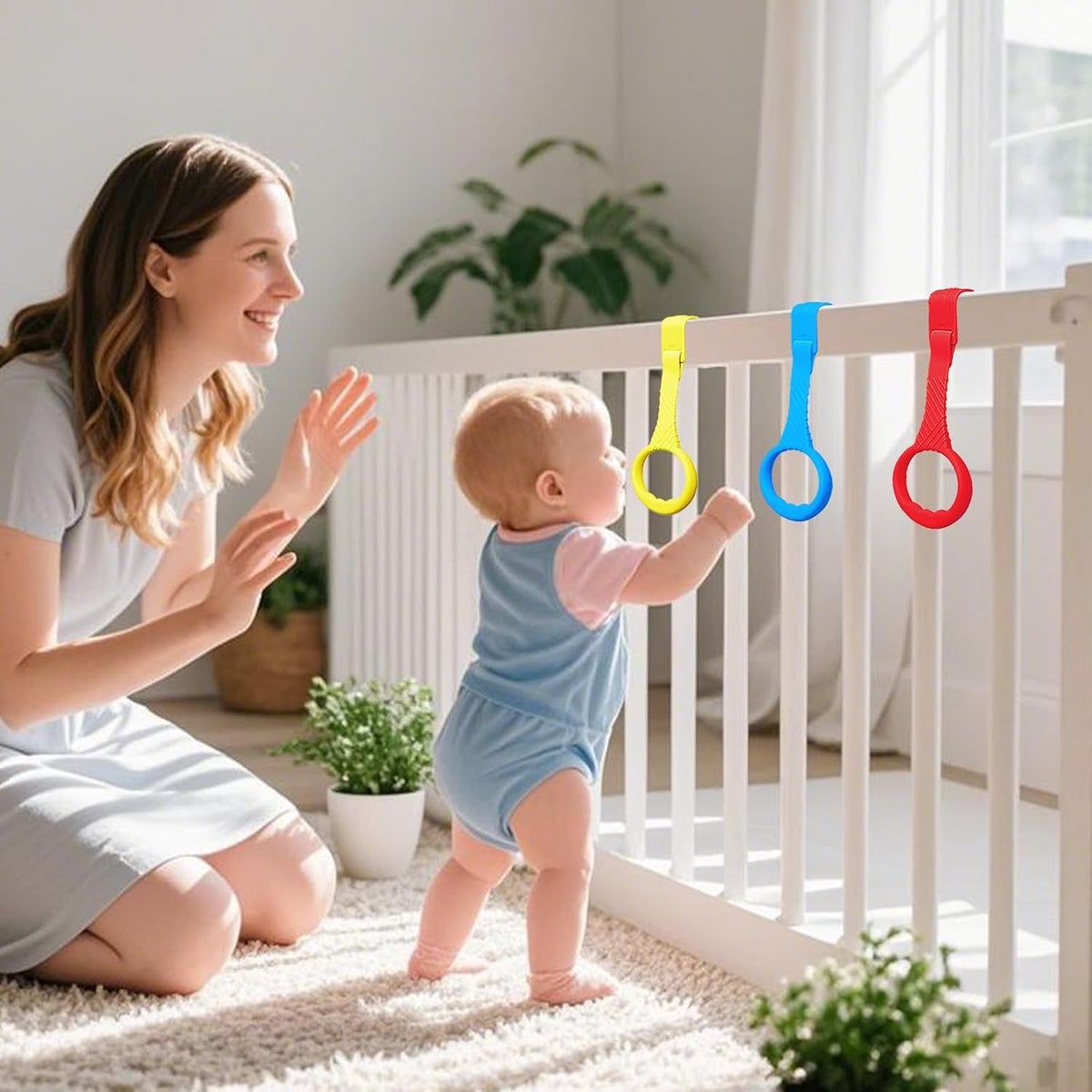 6PCS Playpen Baby Pull Up Rings - Premium Baby Handles for Play Pen Standing Up - Plastic Walking Exercises Assistant Rings for Infants Babies Toddler - Ergonomic Handles - 6 Colors