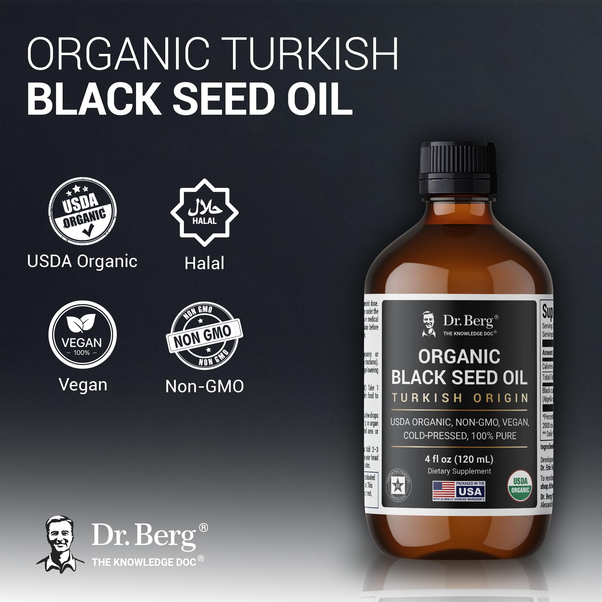 Dr. Berg Black Seed Oil Organic Cold Pressed – Pure Nigella Sativa Black Cumin Oil – USDA Organic, Halal, Vegan – for Hair, Skin, Immune Support – Unrefined Liquid – 4 oz Glass Bottle