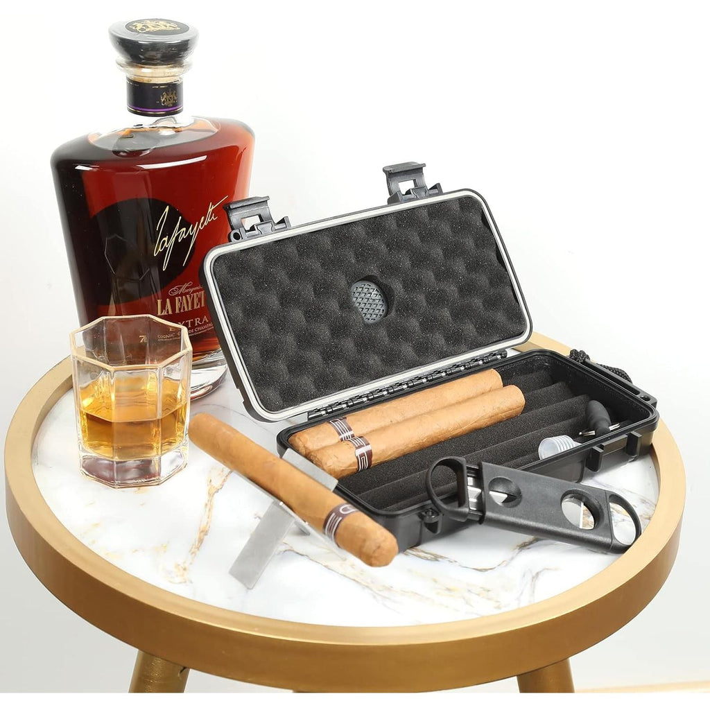 Buy now Travel Humidor Box With Cigar Accessories - Spanish Cedar, Humidifier, Cutter, Stand, Punch - Holds 4-5 Cigars - Waterproof, Crushproof, Airtight Seal at indiglob india