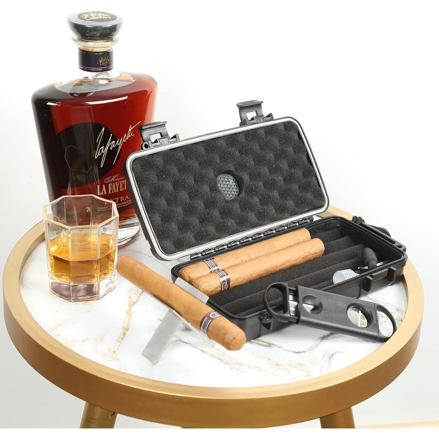 Buy now Travel Humidor Box With Cigar Accessories - Spanish Cedar, Humidifier, Cutter, Stand, Punch - Holds 4-5 Cigars - Waterproof, Crushproof, Airtight Seal at indiglob india