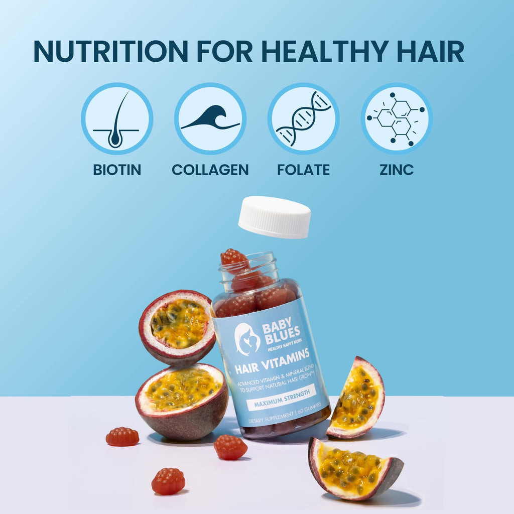 Baby Blues Postpartum Hair Loss Vitamins & Gummies for Women, Full Hair Cycle Pack, Biotin & Collagen for Hair Growth Support, Thicker Fuller-Looking Hair, 3 Month Supply, 180 Count