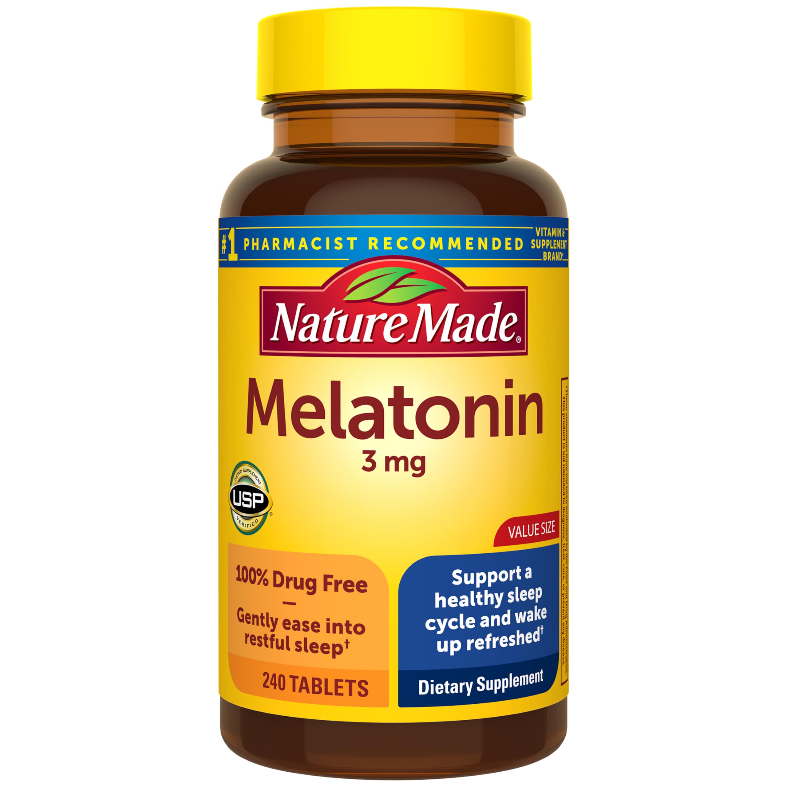 Nature Made Melatonin 3mg Sleep Aids for Adults, 240 Tablets | 100% Drug Free Sleep Aid for Men and Women, Sleep Supplements for Adults, Helps You Fall Asleep Faster, 240 Day Supply
