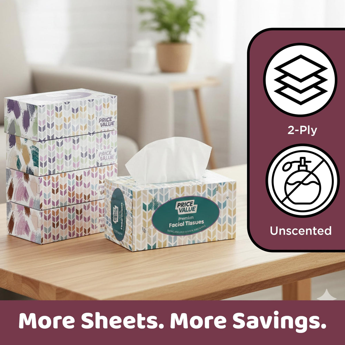 Price Value Facial Tissues Cube Boxes, Soft 2-Ply, 230 Sheets, 4 Pack