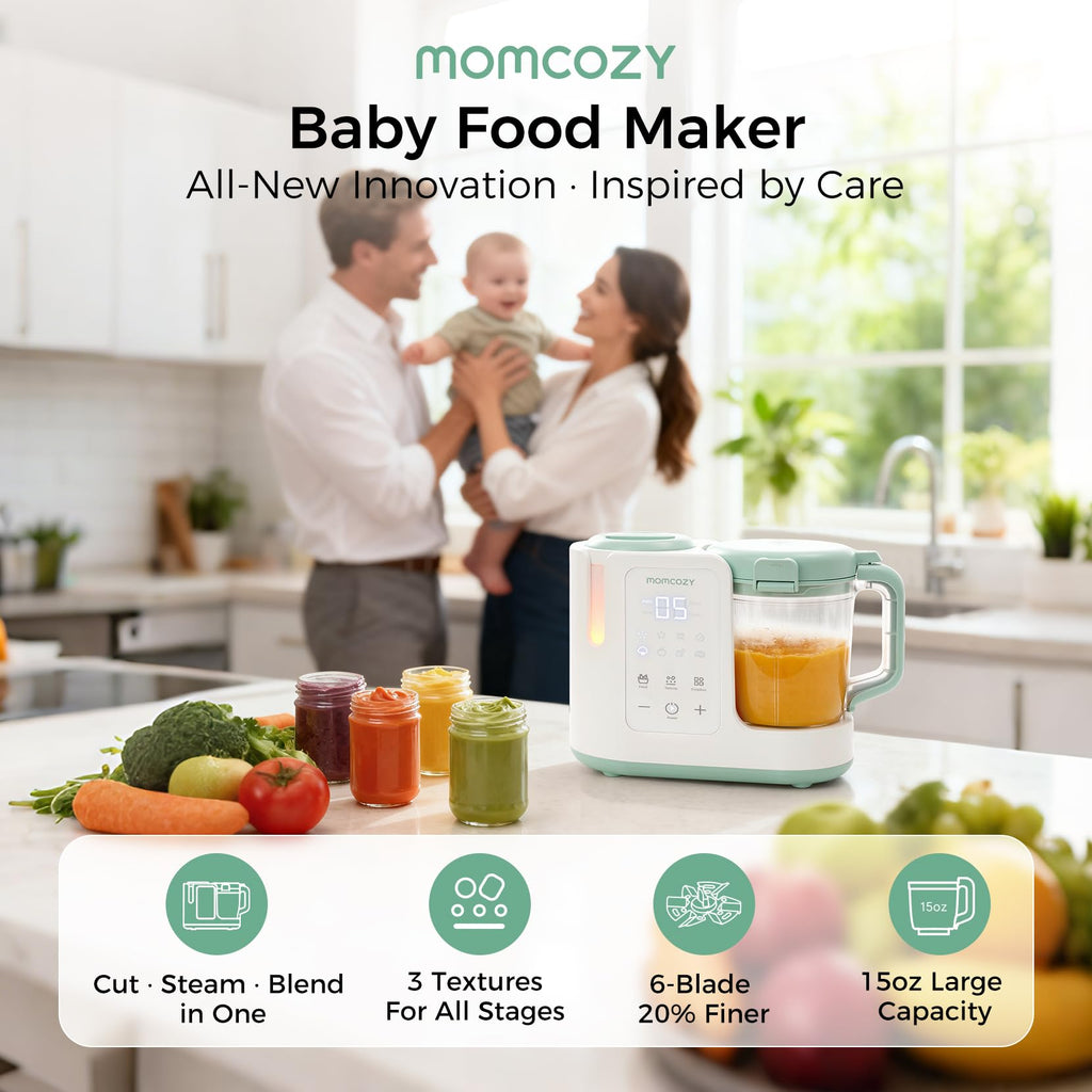 Momcozy AutoMeal Baby Food Maker – One-Step Auto Steam & Blend Food Processor, 15oz Large Cup & 6-Blade Design, Self-Cleaning, Auto 3-Stage Texture Settings for Effortless Homemade Baby Puree