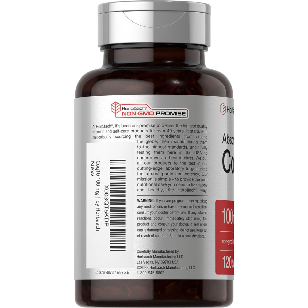 Horbäach CoQ10 100mg Softgels | 120 Count | Non-GMO and Gluten Free Supplement