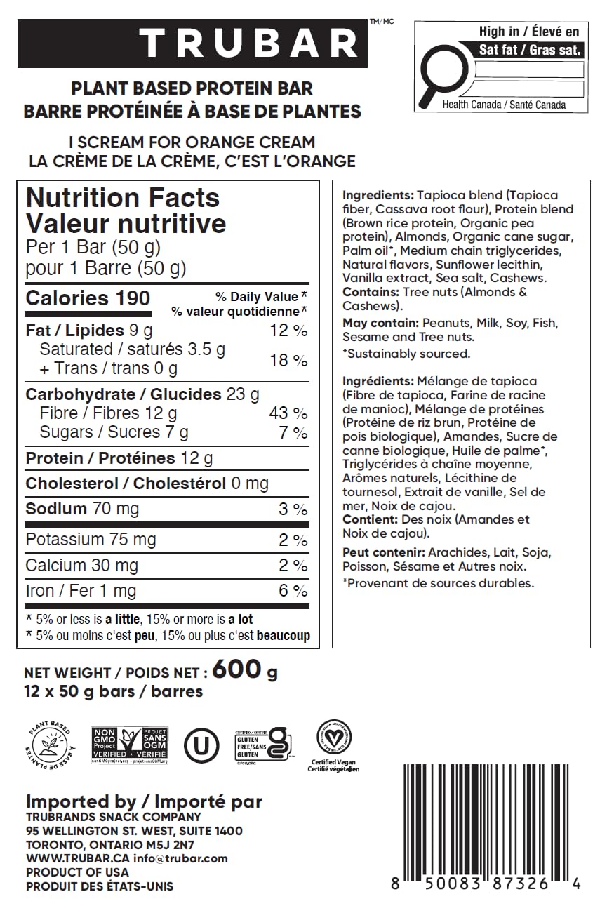 TRUBAR Vegan Protein Bar, I Scream for Orange Cream, Gluten Free, Plant Based Protein, Dairy Free, Non GMO, Soy Free, No Sugar Alcohols, 12G Protein, 13G Fiber, Healthy on the Go Snack Bars, 12 CT
