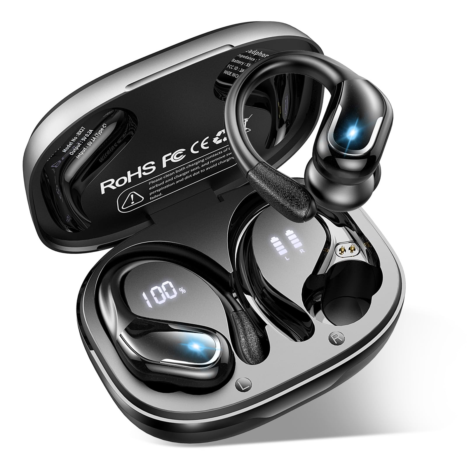 Buy now Ltinist Wireless Earbud, Bluetooth 5.3 Headphones Pure Bass Sound with Earhooks, 75H Battery Over Ear Headphones with Dual-LED Display, IP7 Waterproof Earphones Built-in Microphone for Running Sports at indiglob india