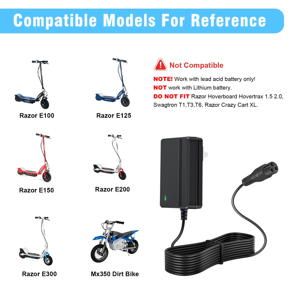 24V Electric Scooter Charger for Razor E300 E200 E125 E100 MX350 Dirt Bike