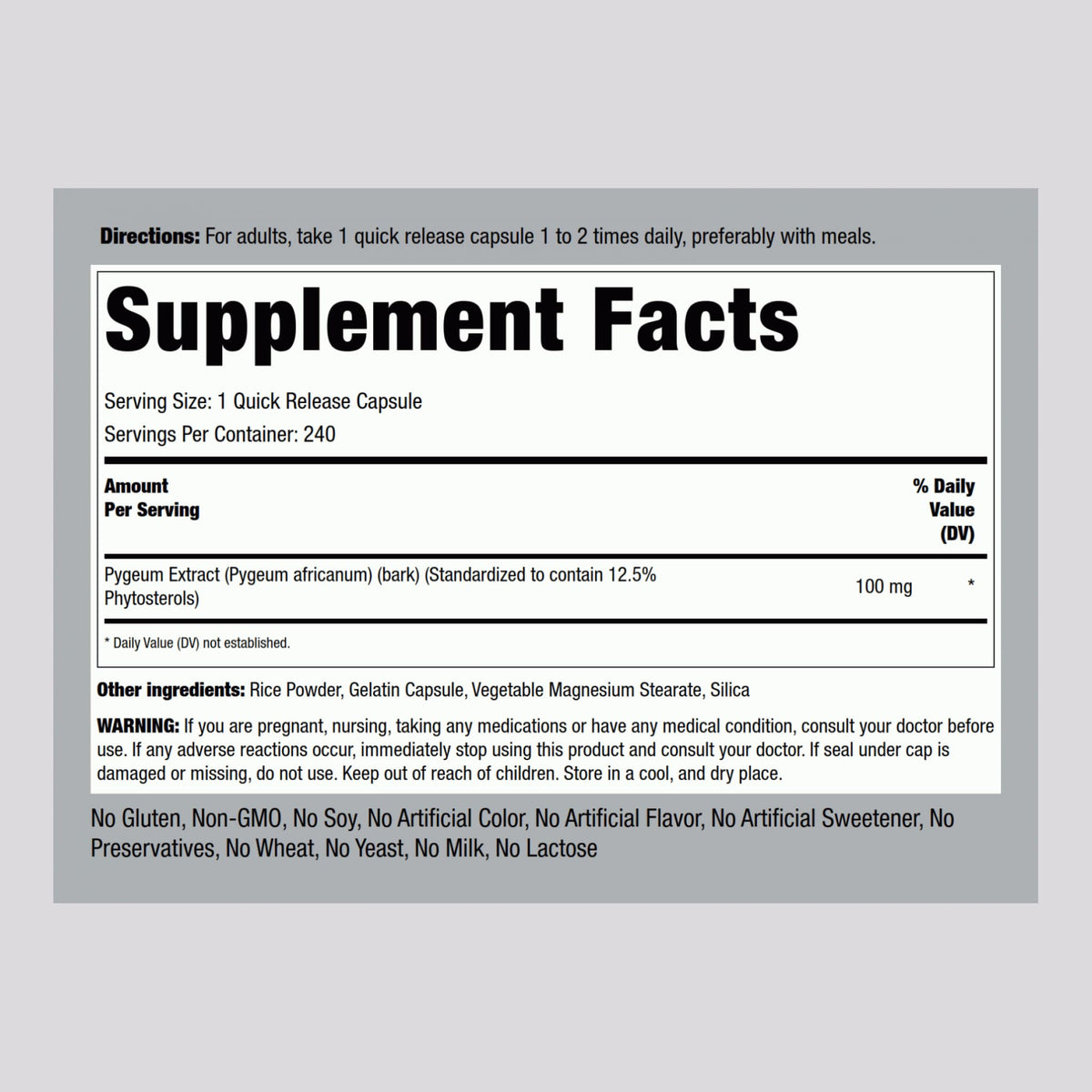 Piping Rock Pygeum | 100mg | 240 Capsules | Supplement for Men & Women