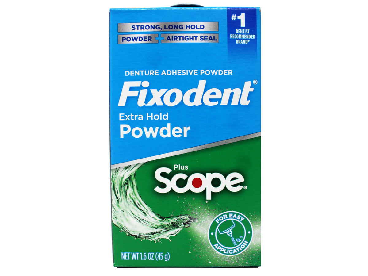 Fixodent Denture Adhesive Powder, Extra Strong, Plus Scope, Strong, Long Hold Powder, Airtight Seal, 1.6 OZ, Pack of 3
