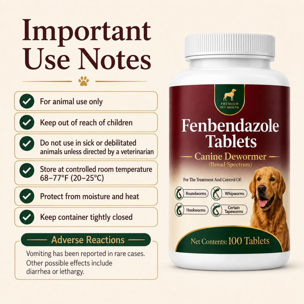 Canine Dewormer for Dogs (fenbendazole),for Treatment and Control of Tapeworms, Roundworms, Hookworms and Whipworms,100 Tablets, 100 mg per Tablet, Oral Tablets with Weight-Based Directions